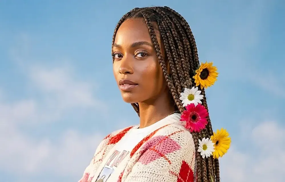 Woman with long box braids styled with fresh flowers against a blue sky